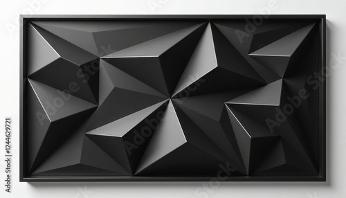 Fototapeta Naklejka Na Ścianę i Meble -  Matte Black 3D Wall Panel with Geometric Design on White Background