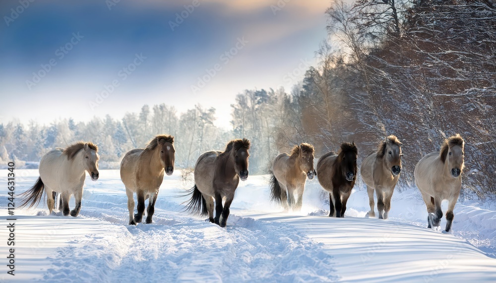 Naklejka premium Serene Winter Landscape Illuminated by Moonlight as Majestic Konik Horses Traverse through Snowy Plains, Capturing the Essence of a Frozen Serenity