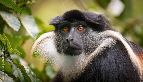 Striking Portrait of a LHoests Monkey Amidst the Dense Trees of Nyungwe National Park, Rwanda Majestic Primates in their Natural Habitat photo