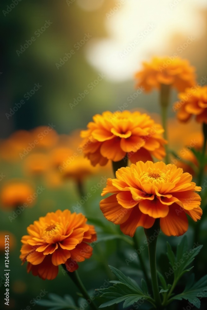Sun-drenched marigolds sway gently, petals aglow , heat, vibrant, stock Sun-drenched marigolds sway gently, petals aglow , heat, vibrant, stock