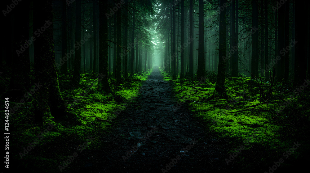Fototapeta premium Foggy forest path, trees, moss, mystery, nature background, ideal for fantasy or adventure stories