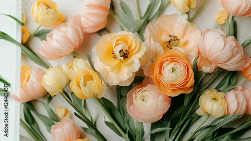 Spring flowers with soft pink and yellow petals are arranged on a light surface as a background