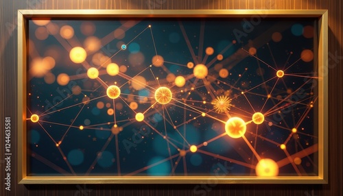 Golden Light Illuminates Intricate Digital Network Art Framed Masterpiece photo