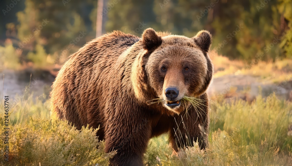 Majestic Grizzly Bear Deliberating her Last Bite of Green Pasture, Set Against a SnowKissed Landscape at Dusk, Showcasing Alaskan Wildlife in its Natural Habitat Majestic Grizzly Bear Deliberating her Last Bite of Green Pasture, Set Against a SnowKissed Landscape at Dusk, Showcasing Alaskan Wildlife in its Natural Habitat