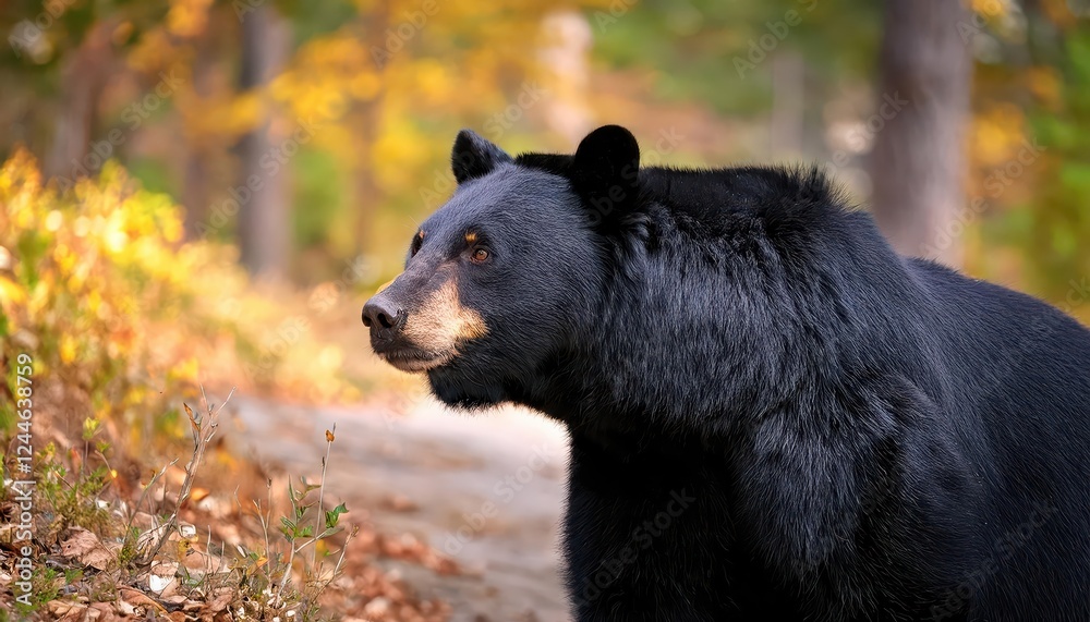 Majestic Black Bear Strolls through Dappled Sunlight in a Lush Forest Clearing, Showcasing Power and Grace Amidst the Vibrant Green Wilderness Majestic Black Bear Strolls through Dappled Sunlight in a Lush Forest Clearing, Showcasing Power and Grace Amidst the Vibrant Green Wilderness