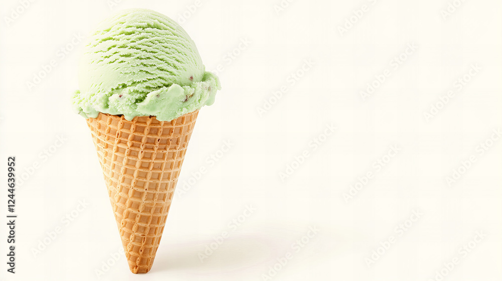 Pistachio ice cream cone with shelled nuts on a pastel blue background, perfect for summer dessert advertising or editorial content.
Pistachio ice cream cone with shelled nuts on a pastel blue background, perfect for summer dessert advertising or editorial content.