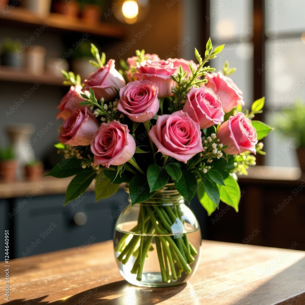 Fototapeta premium A vibrant bouquet of pink roses is displayed in a clear vase, resting on a wooden table in a warm and inviting kitchen.