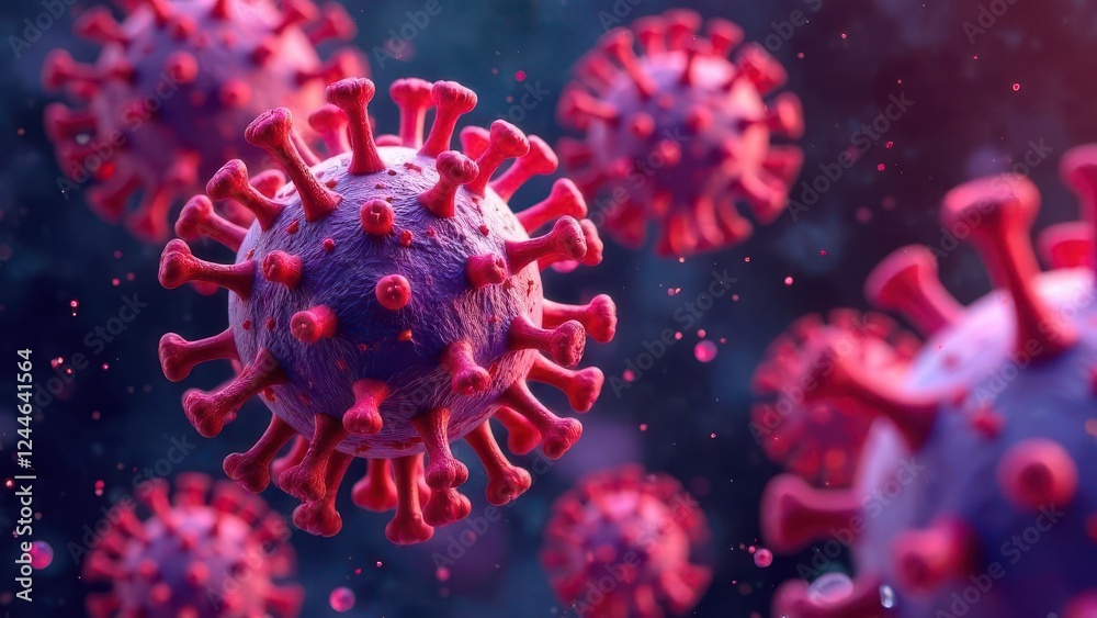 Vivid representation of coronavirus particles showcases their distinct structure. The focus emphasizes the spikes on the virus surface, illustrating their biochemical features and implications. Vivid representation of coronavirus particles showcases their distinct structure. The focus emphasizes the spikes on the virus surface, illustrating their biochemical features and implications.