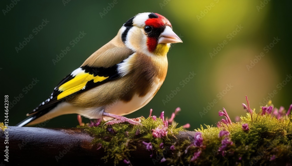 Obraz premium Vibrant Goldfinch Perched on a Sunlit Winter Branch, Amidst a Frosty Landscape, in a Striking Monochrome Palette.