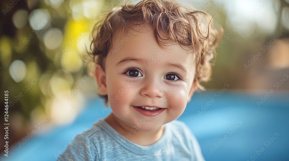 Closeup of the beautiful and cute little toddler boy, jumping or bouncing on the blue child trampoline outdoors in his backyard on a sunny summer day, smiling at the camera, leisure fun home activity.