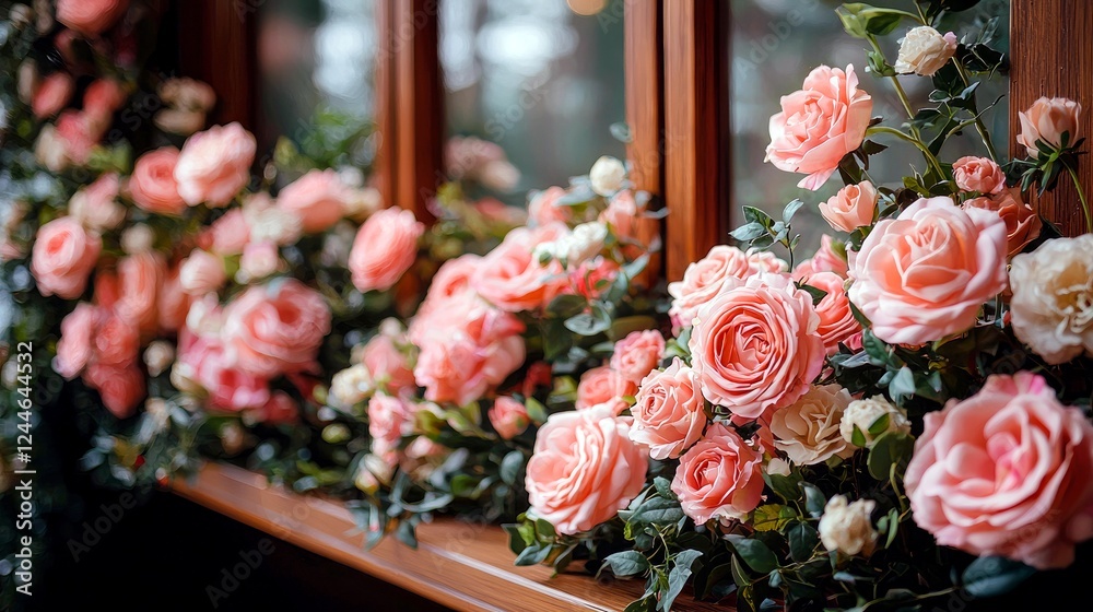 Obraz premium Stunning Pink Roses on Wooden Window Sill: Romantic Floral Decor, Wedding, and Spring Photography