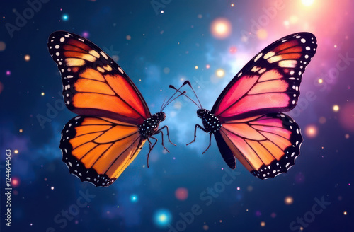 Two vibrant monarch butterflies face each other amidst a starry cosmic backdrop filled with colorful orbs.