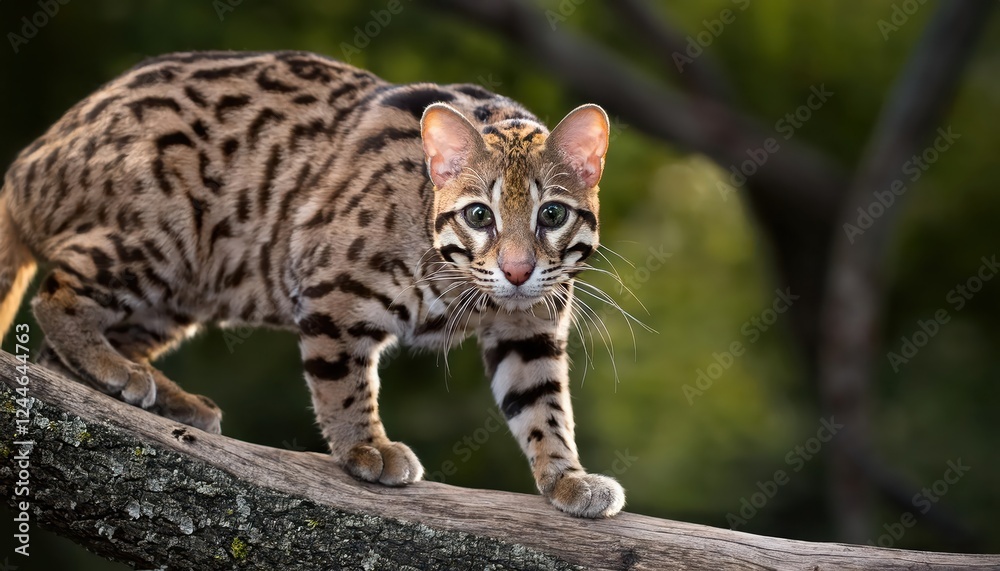Majestic Leopard Cat Stands Regally on Branch Amidst Lush Tropical Rainforest Canopy, Showcasing Its Power and Grace in an Enchanting Jungle Setting Majestic Leopard Cat Stands Regally on Branch Amidst Lush Tropical Rainforest Canopy, Showcasing Its Power and Grace in an Enchanting Jungle Setting