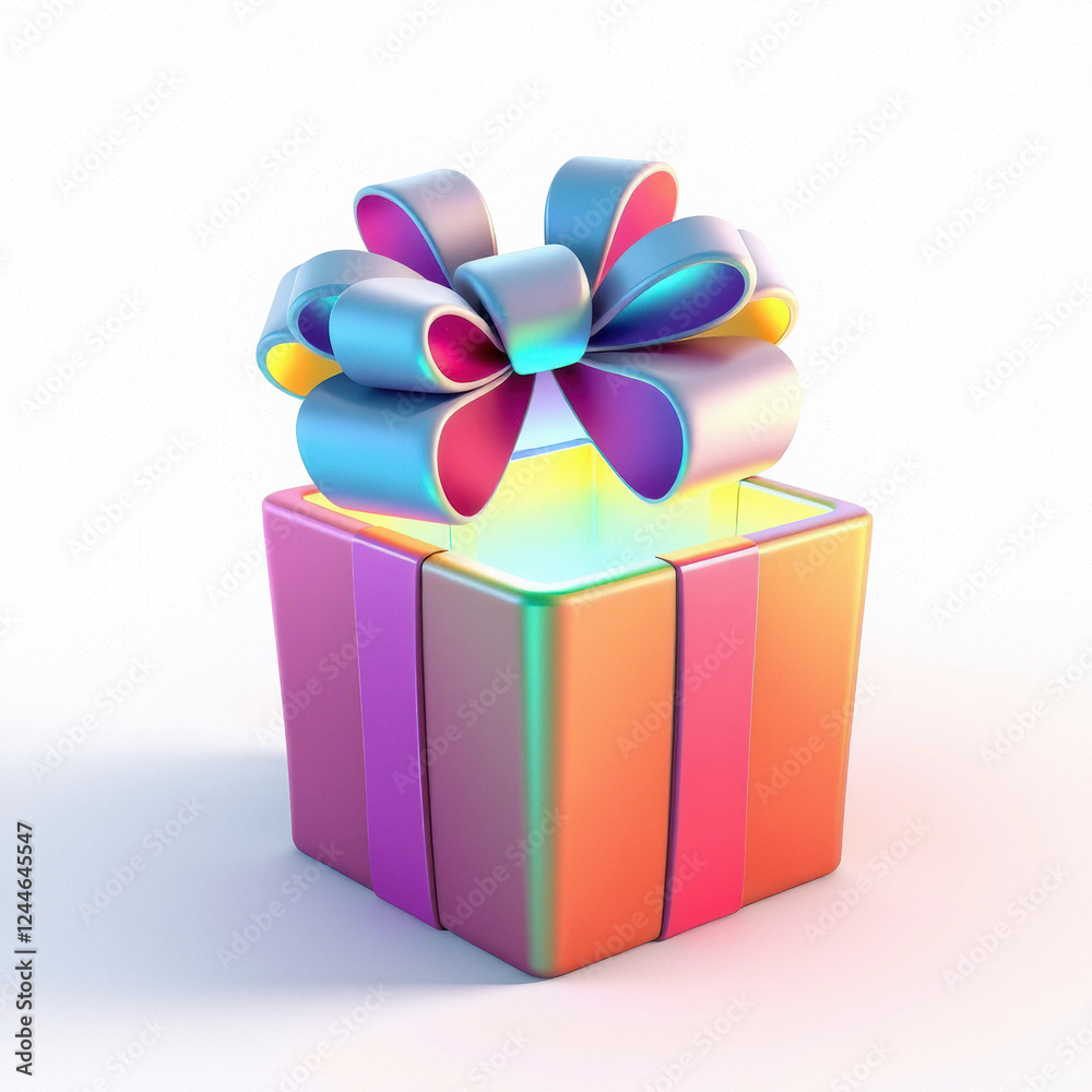 Obraz premium Cartoon gift box with a giant bow, slightly open, magic glow inside.