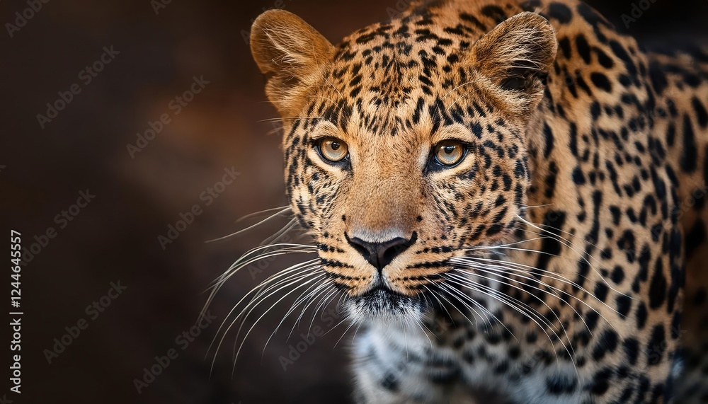 Naklejka premium Striking Closeup of a Majestic Leopard, Showcasing the Power and Grace of the African Wild Cat in a High Contrast Jungle Environment, Capturing the Spirit of the Great Plains.