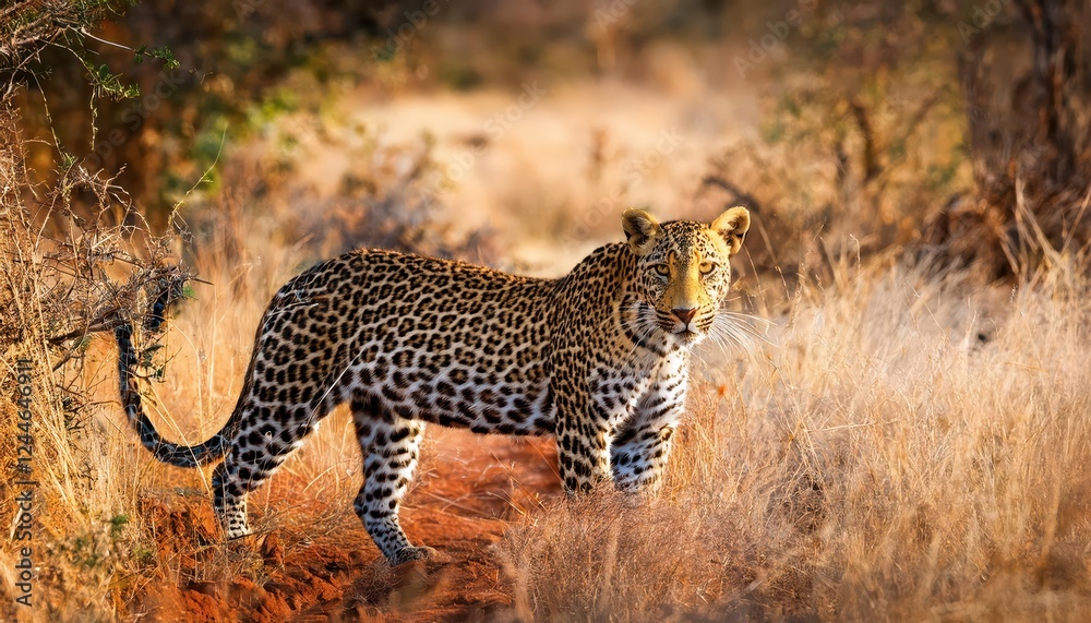 Majestic Leopard Spotted in Tsavo Power and Grace Against the African Savannah Dawn, A Photographic Moment Captured at. Majestic Leopard Spotted in Tsavo Power and Grace Against the African Savannah Dawn, A Photographic Moment Captured at.