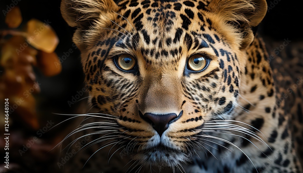 Naklejka premium Striking Leopard Portrait Majestic Big Cat Gazes Intently from the Savannah Grassland Underneath the African Sunset, Showcasing Power and Grace in a Vivid Landscape.