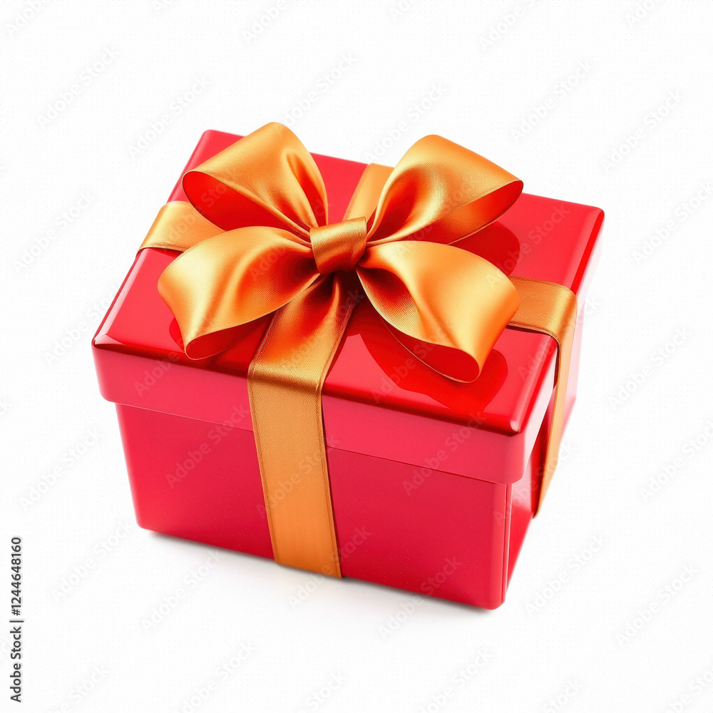 Obraz premium A bright red gift box with a satin gold ribbon and a perfectly tied bow. 