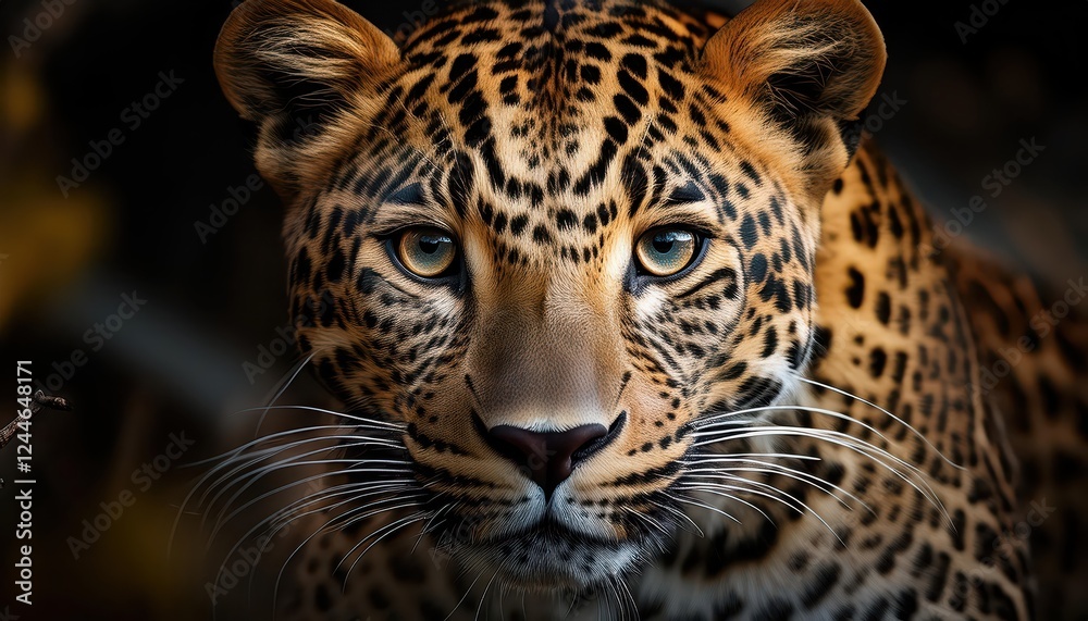 Naklejka premium Vivid Portrait of a Majestic Leopard Amidst the African Savannah at Dusk, Showcasing the Regal Beauty and Power in the Warm Glow of Sunset