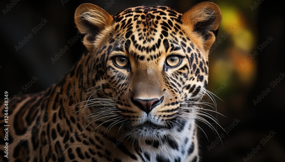 Obraz premium Vivid Encounter Striking Closeup of a Spotted Leopard in the African Savannah, Showcasing Majesty and Power with Amber Eyes Glowing in the Golden Afternoon Light.