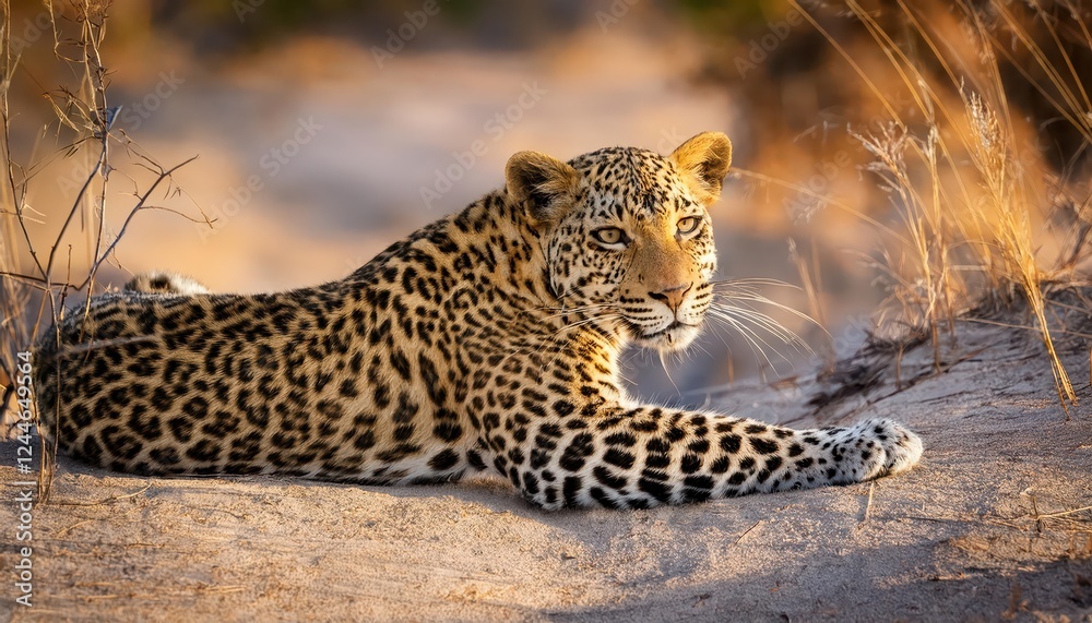 A Majestic Leopard Roams Serene Chobe National Park, Captured Amidst Gilded Sunset Hues and African Savannahs Natural Beauty. A Majestic Leopard Roams Serene Chobe National Park, Captured Amidst Gilded Sunset Hues and African Savannahs Natural Beauty.