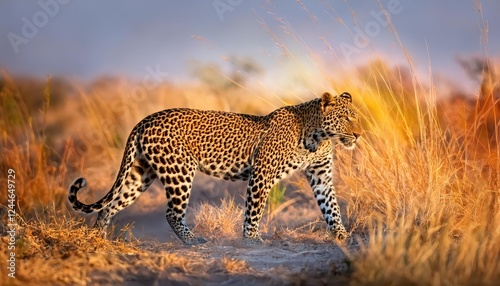 Majestic Leopard Panthera pardus shortidgei in Sunlit Savannah on a Sunny Day, Capturing the Grace and Power of Natures Apex Predator photo