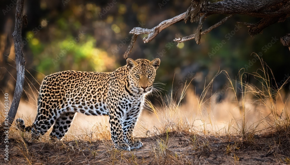 Vigilant Leopard in South Luangwa National Park, Mfuwe, Zambia, Africa A Powerful Predator Framed against the African Savannahs Warm Sunset Glow Vigilant Leopard in South Luangwa National Park, Mfuwe, Zambia, Africa A Powerful Predator Framed against the African Savannahs Warm Sunset Glow