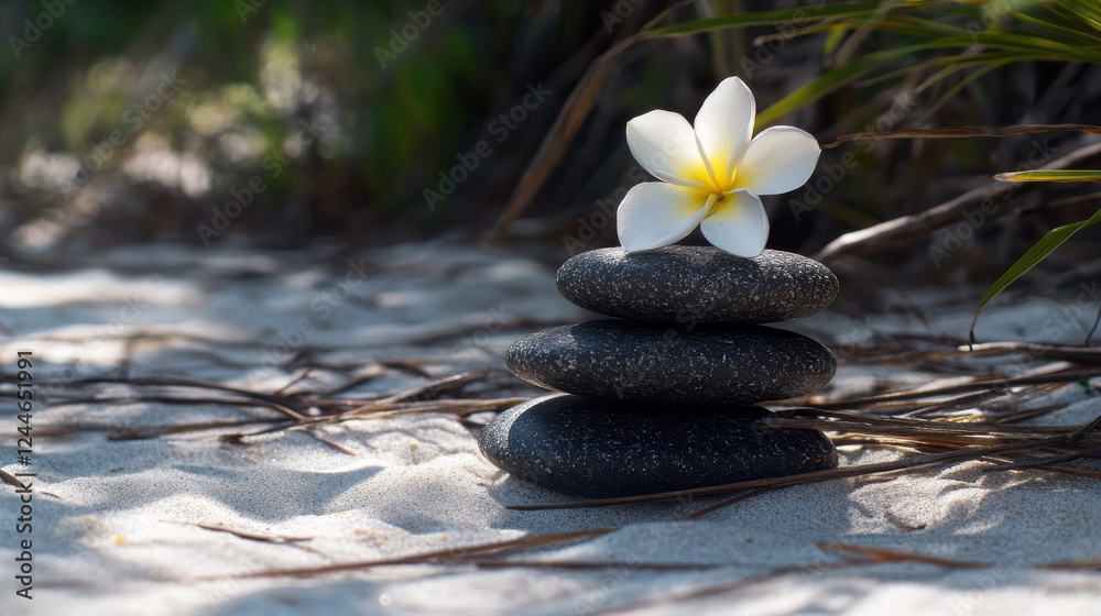 Fototapeta premium An artistic still life of natural Zen elements, with stacked river stones placed symmetrically on finely raked white sand