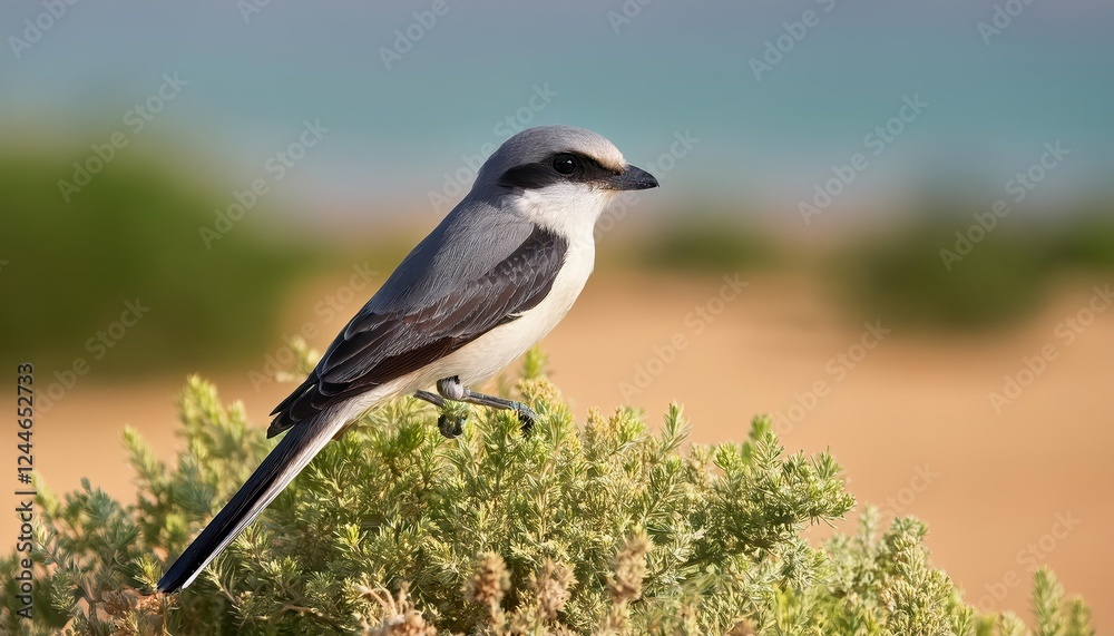 Obraz premium Vivid Lesser Gray Shrike Perched on Desert Cactus Against a Radiant Summer Sunset in Qatar, Capturing the Rich Colors and Textures of the Arabian Peninsula.
