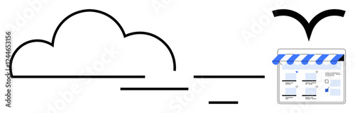 Cloud connected to a storefront with a blue and white awning and website interface. Ideal for cloud computing, e-commerce, digital store, data storage, online shopping, technology integration