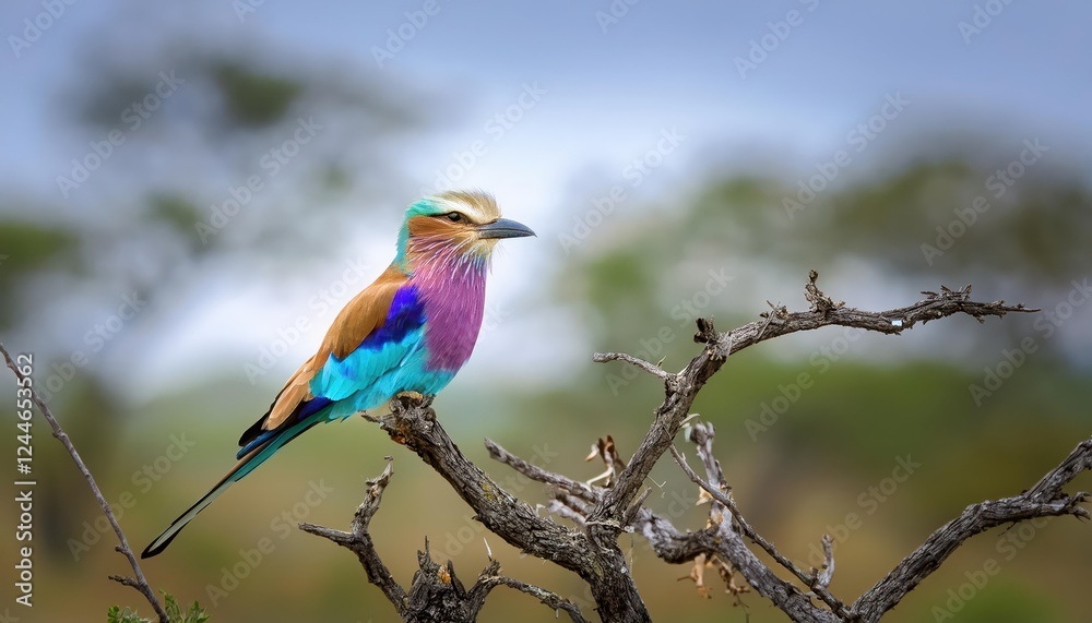 Vivid Lilac Breasted Roller Against Striking African Savannah Backdrop in Kruger National Park, South Africa at Dusk Vivid Lilac Breasted Roller Against Striking African Savannah Backdrop in Kruger National Park, South Africa at Dusk