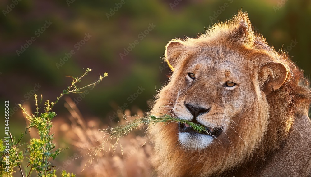 Vigorous Lion Playing with Vegetation in Sunrise Glow at Zimanga Private Game Reserve, South Africa Vigorous Lion Playing with Vegetation in Sunrise Glow at Zimanga Private Game Reserve, South Africa
