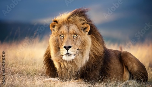 Striking Portrait of a Majestic Lion Panthera leo in the African Savannah at Dusk, Displaying Power and Grace with Golden Sunlight Illuminating Its Manes Against the ReddishOrange Backdrop. photo