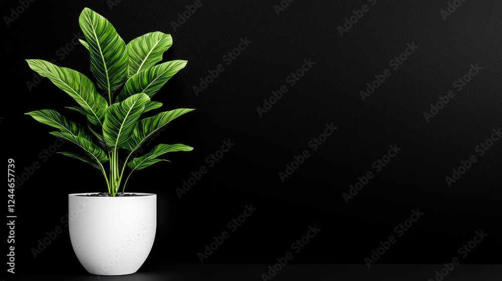 Fototapeta premium Calathea plant in white pot against black wall