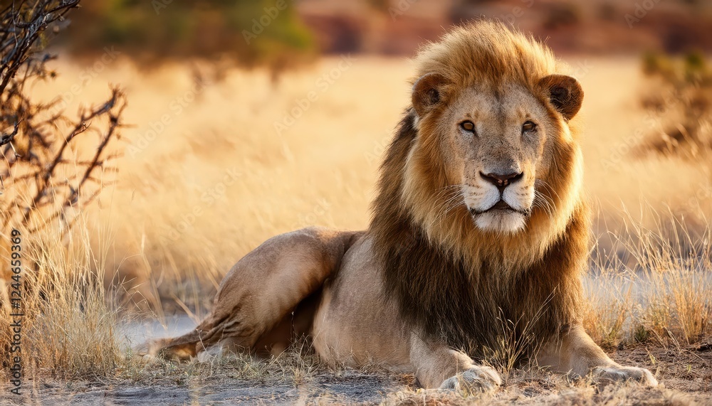 Majestic African Lion Roaming Free Across the Vast Plains of Botswana National Park, Majestically Illuminated by the Golden Light of Sunset. Majestic African Lion Roaming Free Across the Vast Plains of Botswana National Park, Majestically Illuminated by the Golden Light of Sunset.