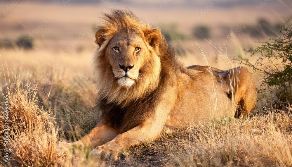 Vigilant Majesty A Lion Basking in the African Savannah Sunset, Samburu National Park Vigilant Majesty A Lion Basking in the African Savannah Sunset, Samburu National Park