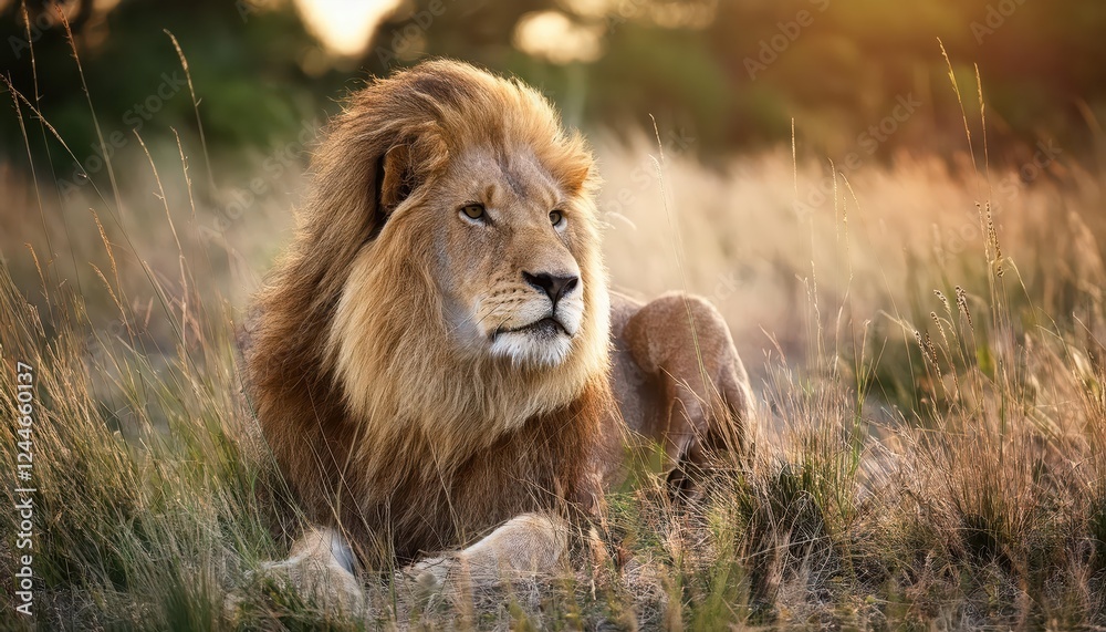 Majestic Lion Strolling through Golden Savannah Grasses at Dawn, Vibrant Sunlight Illuminating its Powerful Form and Surrounding Landscape Majestic Lion Strolling through Golden Savannah Grasses at Dawn, Vibrant Sunlight Illuminating its Powerful Form and Surrounding Landscape