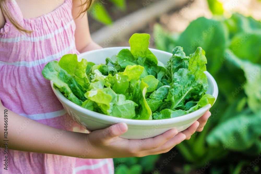 Freshly harvested lettuce picked by a child in a home garden during summer Freshly harvested lettuce picked by a child in a home garden during summer