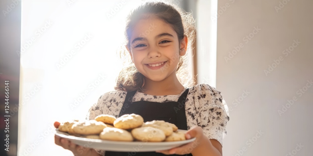 Young girl proudly holds a plate of freshly baked cookies in a bright kitchen setting during afternoon light Young girl proudly holds a plate of freshly baked cookies in a bright kitchen setting during afternoon light
