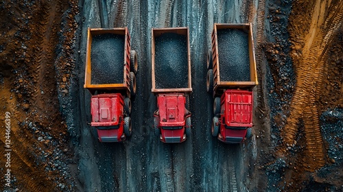 Aerial view of three dump trucks hauling ore at mine photo