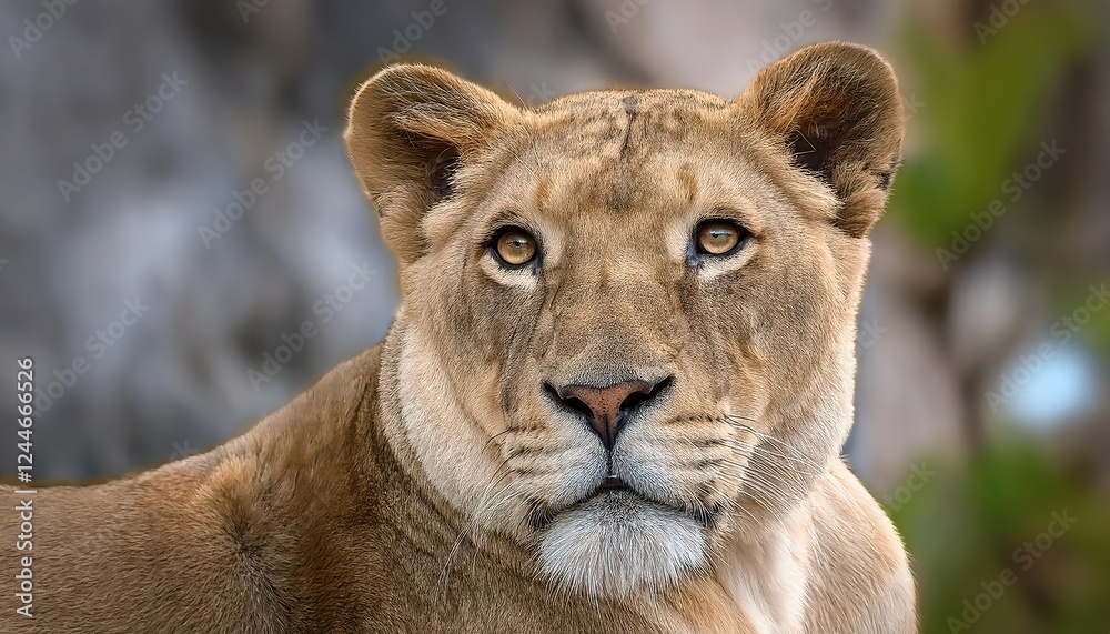 Fototapeta premium Enigmatic Lioness with Soft Cream Fur and Expressive Nose, Glimpsed in Serene Savannah Scene at Dusk at