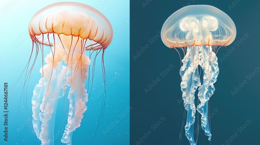 Naklejka premium Two jellyfish underwater, aquarium background, marine life, nature