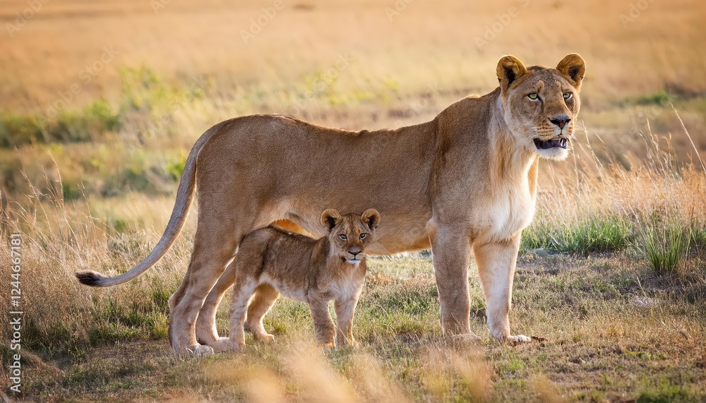 Majestic Lioness with Cubs Strolling on Short Grass Savannah Under Golden Afternoon Sunlight3 at3 Majestic Lioness with Cubs Strolling on Short Grass Savannah Under Golden Afternoon Sunlight3 at3