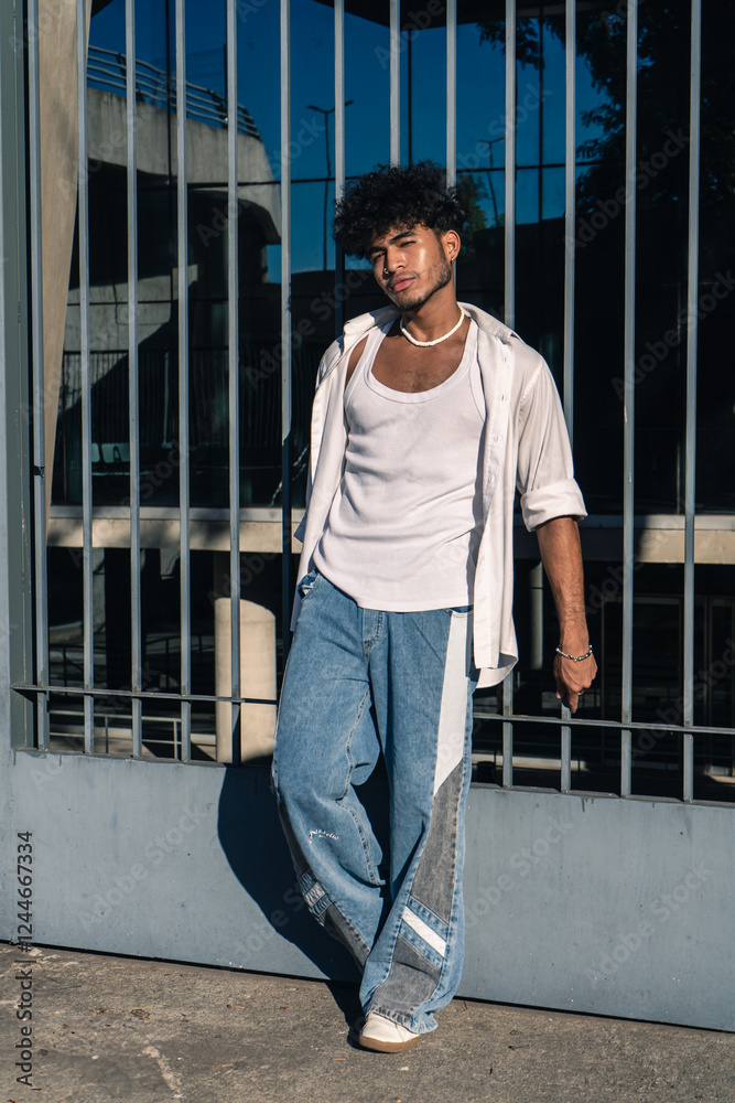 A handsome young Latino man leaning on a large fence at the entrance of a building with a serious expression A handsome young Latino man leaning on a large fence at the entrance of a building with a serious expression
