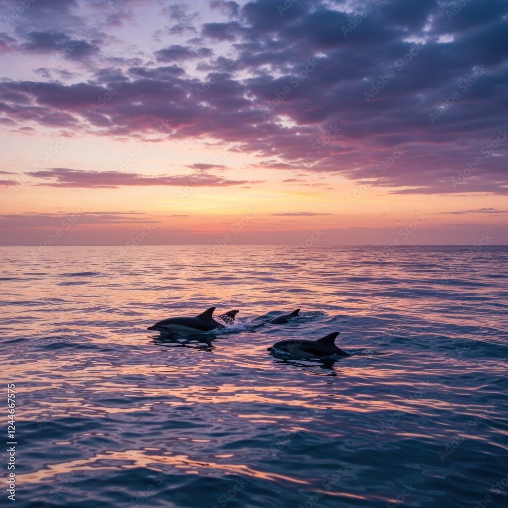 Fototapeta premium Dolphin awareness month celebration at sunset with ocean scenery