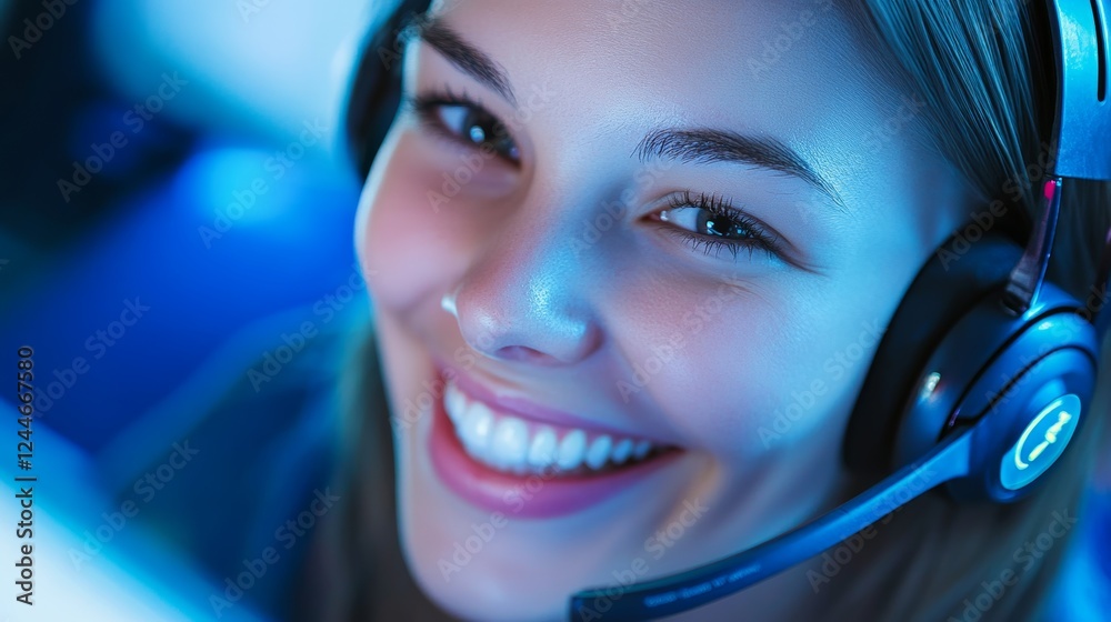 Smiling female gamer with headset enjoying an online gaming session in a dimly lit room Smiling female gamer with headset enjoying an online gaming session in a dimly lit room