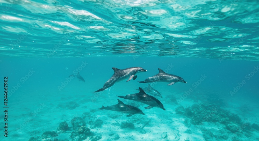 Obraz premium Dolphins swimming underwater in ocean for dolphin awareness month conservation theme