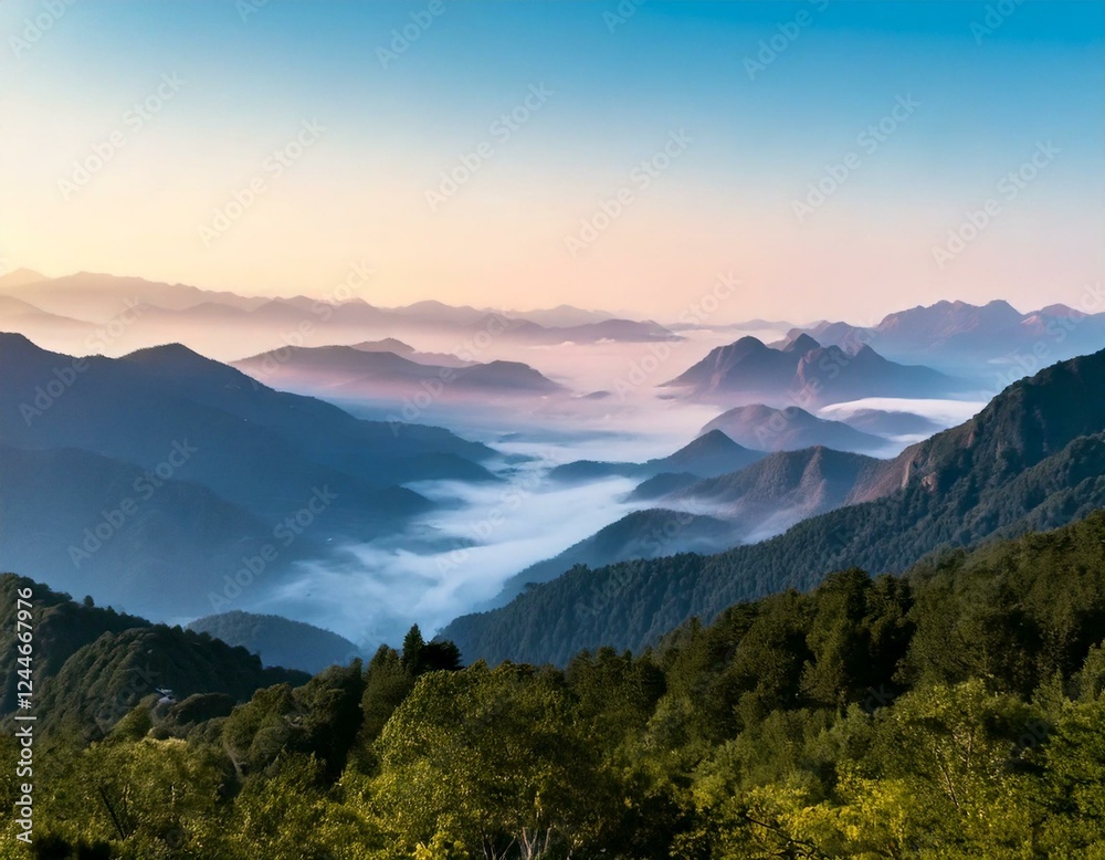 Obraz premium Dreamy Misty Mountains – Soft pastel-colored mountains fading into the mist