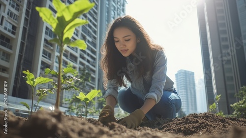 Urban gardener tending to plants in a sunny cityscape with modern buildings in the background