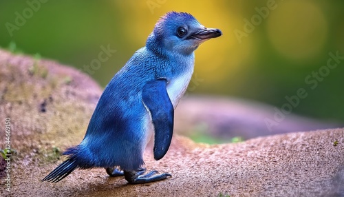 Enchanting Little Blue Penguin Eudyptula minor Waddling on a Rocky Shoreline at Dusk, Showcasing its Vivid Plumage and Playful Expressions in a Breathtaking Oceanic Setting photo